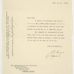 Letter - Introduction for Letho Sigalas, Premier of Victoria, 1939