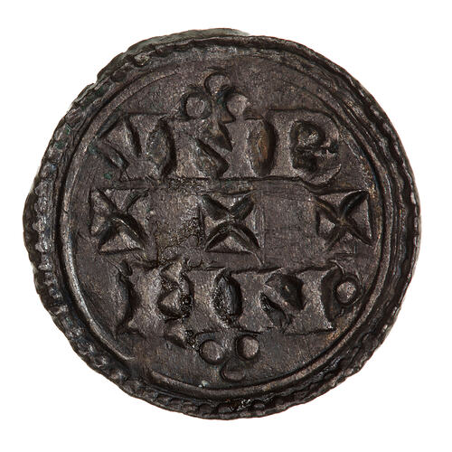 Coin, round, the moneyer's name, VNB EIN, split by three crosses; with three dots trefoil above, below.