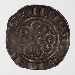 Coin, round, at the centre within a line circle a cross moline with a fleur-de-lis in each angle.