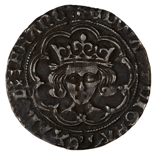 Coin, round, crowned bust of the King facing within a tressure of nine arches; text around.