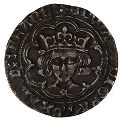 Coin, round, crowned bust of the King facing within a tressure of nine arches; text around.