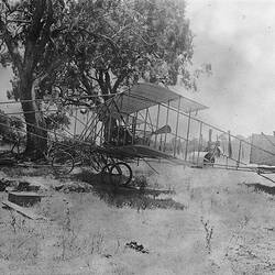 Negative - Side View of Completed Duigan Biplane Under Tree Near Homestead, Spring Plains, Mia Mia, Victoria, 1910-1911