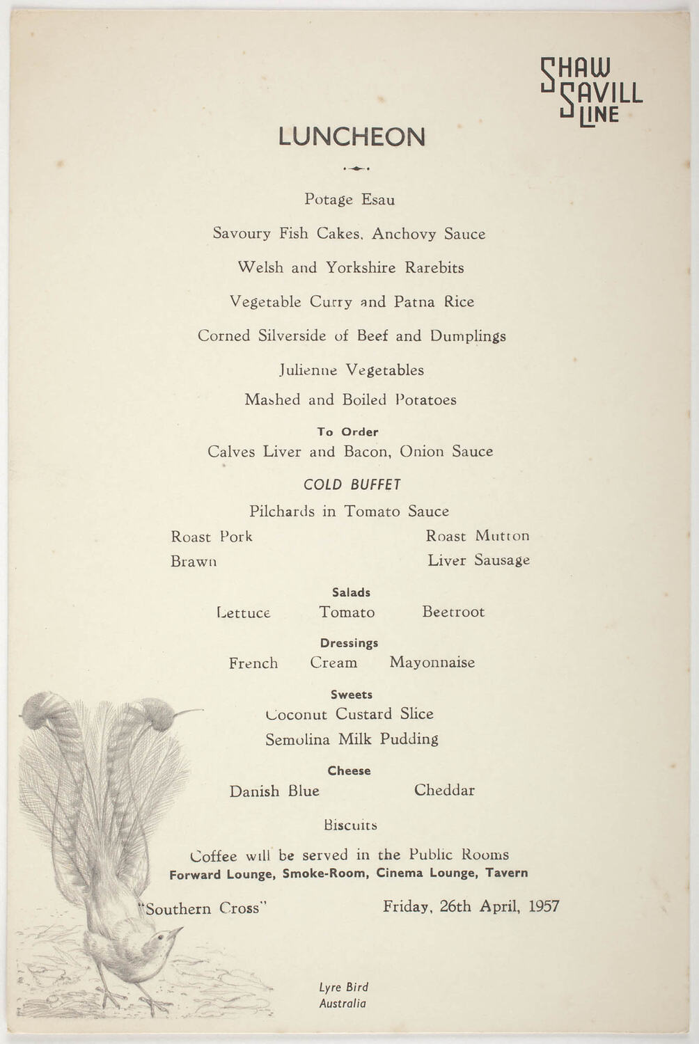 Menu - SS Southern Cross, Shaw Savill Line, Lunch, 26 Apr 1957