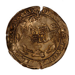 Coin, round, crowned shield quartered with arms of England and France, crowned lion at left, dragon at right.