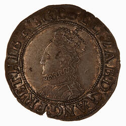 Coin, round, Within an inner bead circle, crowned bust of the Queen, wearing ruff and decorated dress.