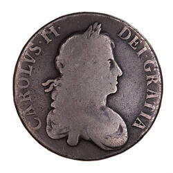 Coin, round, Laureate bust of king facing right; text around, CAROLVS . II . DEI . GRATIA.