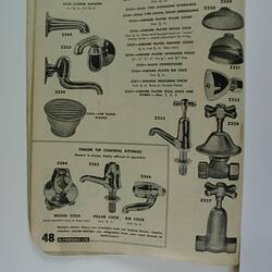 Page from catalogue with text and illustrations of taps.