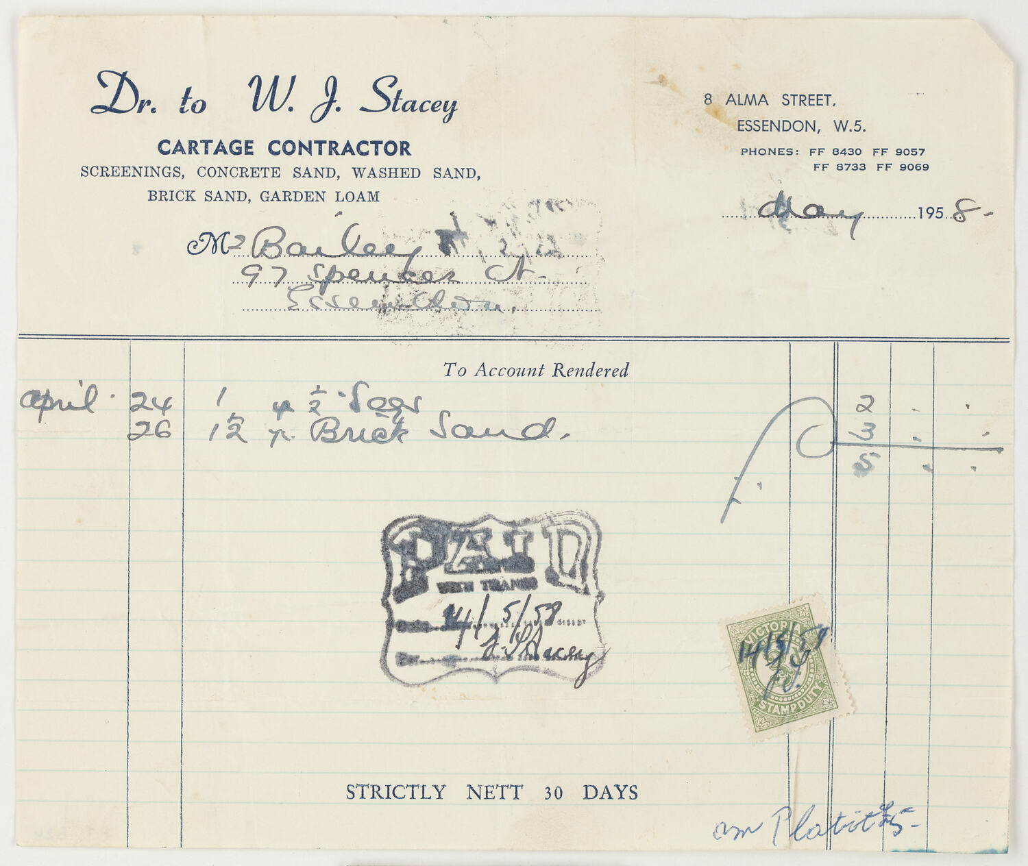 Receipt - WJ Stacey, Cartage Contractor, May 1958