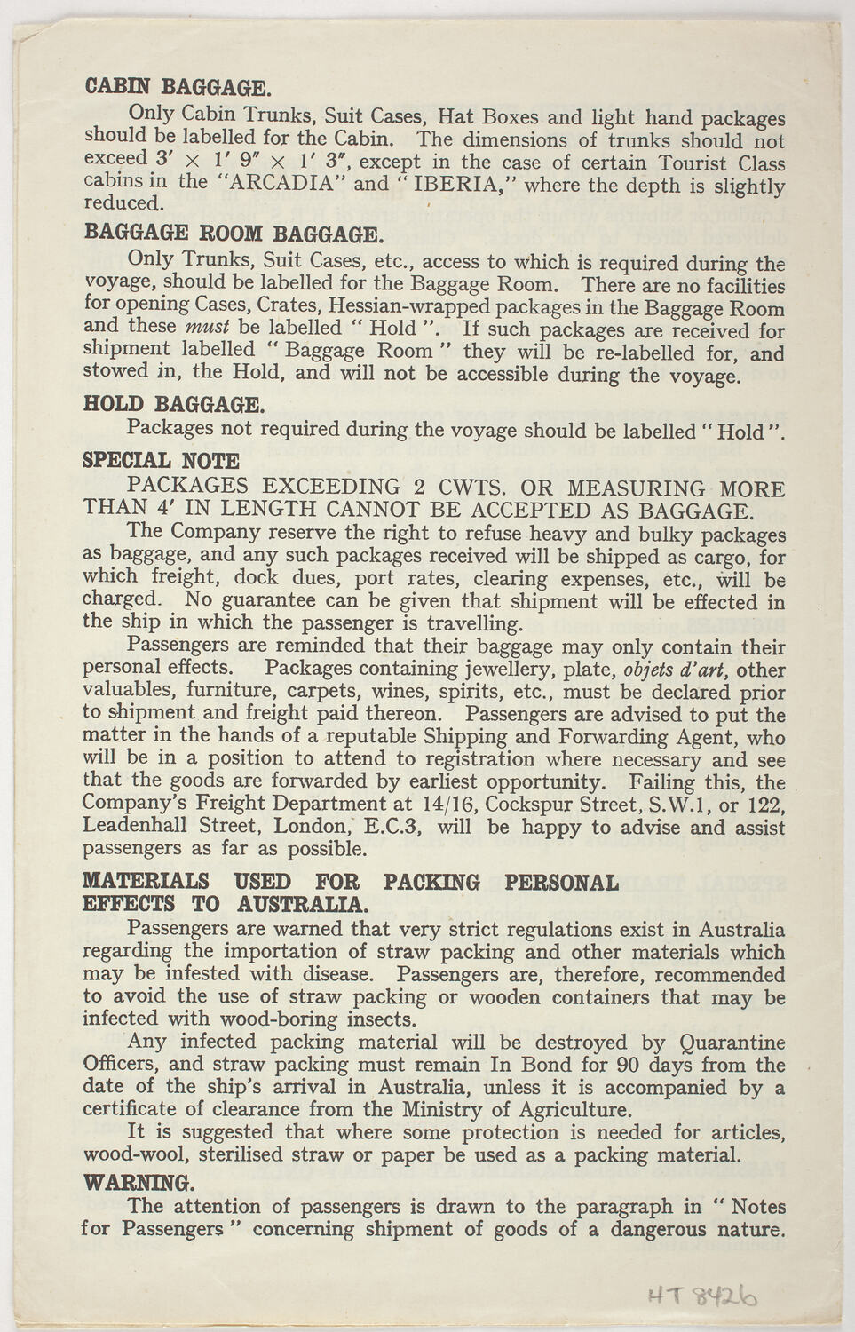Leaflet Instructions for Forwarding Passengers' Baggage, P&O Lines