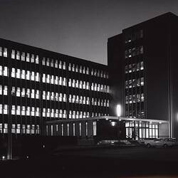 Photograph - Kodak Australasia Pty Ltd, Exterior Front View at Night of Building 8, Head Office & Sales & Marketing at the Kodak Factory, Coburg, circa 1965