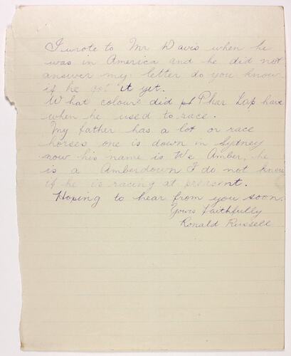 Letter - Russell to Telford, Phar Lap's Death, 1932
