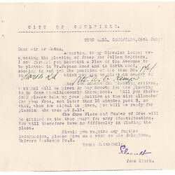 Letter - City of Caulfield, Tree Planting for Albert Kemp, 26 Jul 1918