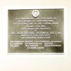 Photograph - Plaque Commemorating the Centenary of the First Opening of the Great Hall, Exhibition Building, 29 May 1880