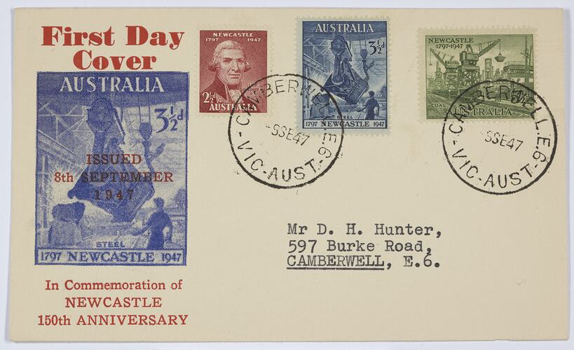 First Day Cover - 150th Anniversary, City of Newcastle, New South Wales,  Australia, 1947