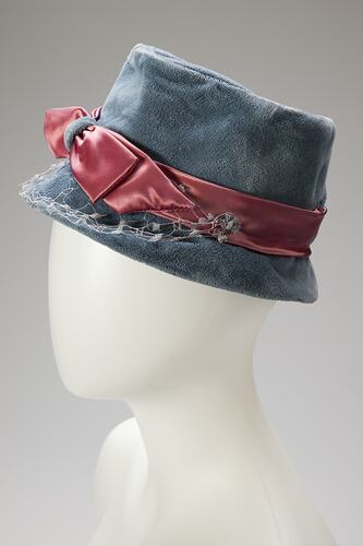 Hat - Blue Velour, Pink Bow, circa 1950s