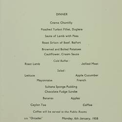 Menu - Orient Line, SS Orcades, Dinner, Monday 6 January 1958