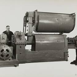 Photograph - Schumacher Mill Furnishing Works, Men Stand with Machine, Port Melbourne, Victoria, circa 1940s