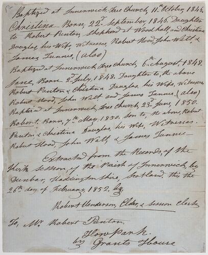 Leaflet - List of Baptisms, Scotland, 26 Feb 1852