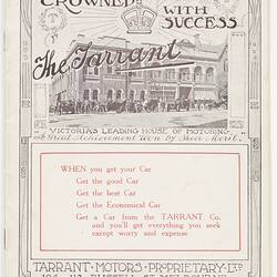 Catalogue - Tarrant Motors Pty Ltd, 'Crowned with Success The Tarrant', Motor Cars, Melbourne, Victoria, 1912