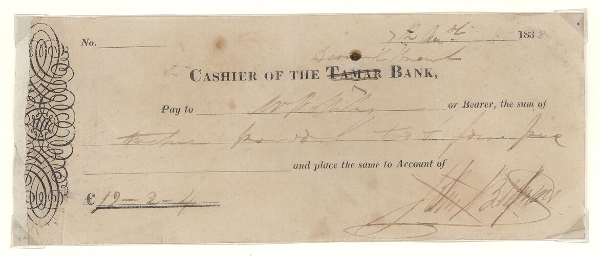 Cheque - 12 Pounds 2 Shillings 4 Pence, John Batman, Derwent Bank, Australia, 1838