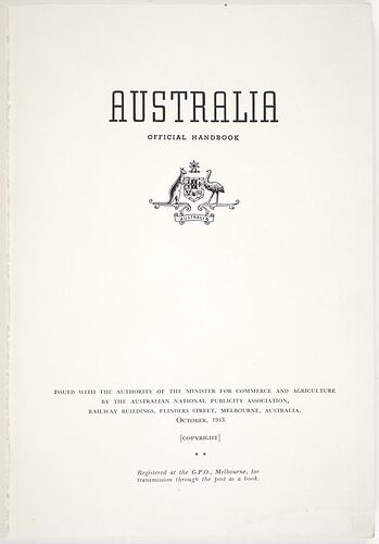 Booklet - 'Australia, Official Handbook',  Australian National Publicity Association, 1943