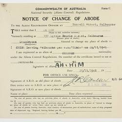 Notice - Change of Abode, Commonwealth of Australia