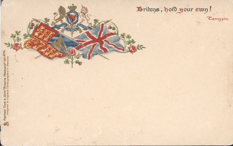 Postcard with coat of arms above two crossed flags in top left corner.