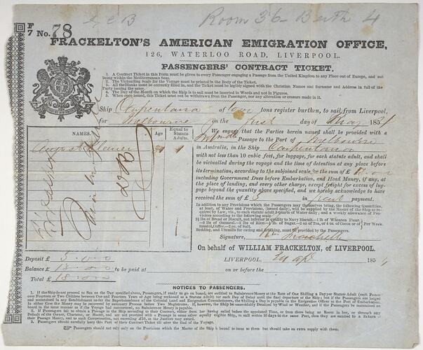 Passenger Contract Ticket - Carpentaria, Liverpool to Melbourne, 1854