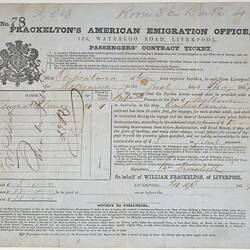 Passenger Contract Ticket - Carpentaria, Liverpool to Melbourne, 1854