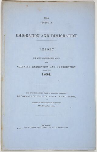Parliamentary Paper - Emigration and Immigration, Parliament of Victoria, Colony of Victoria