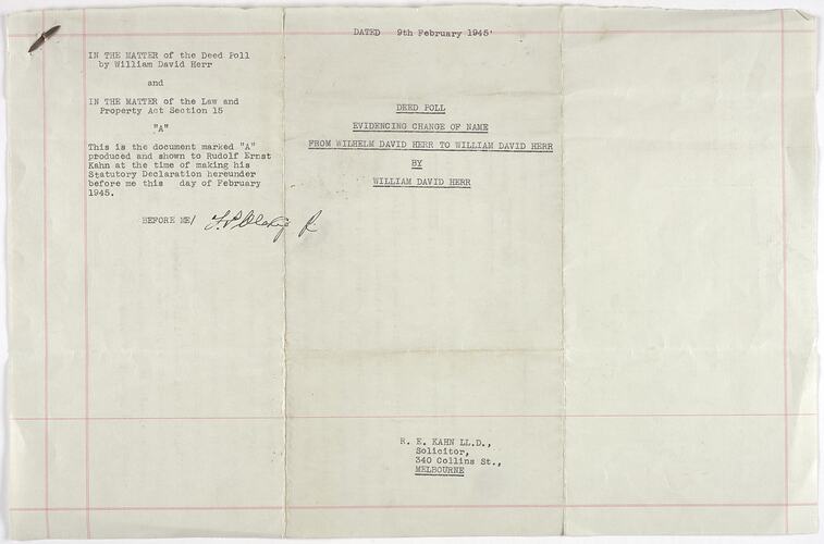 Document - Deed Poll Evidencing Change of Name, Issued to William David Herr