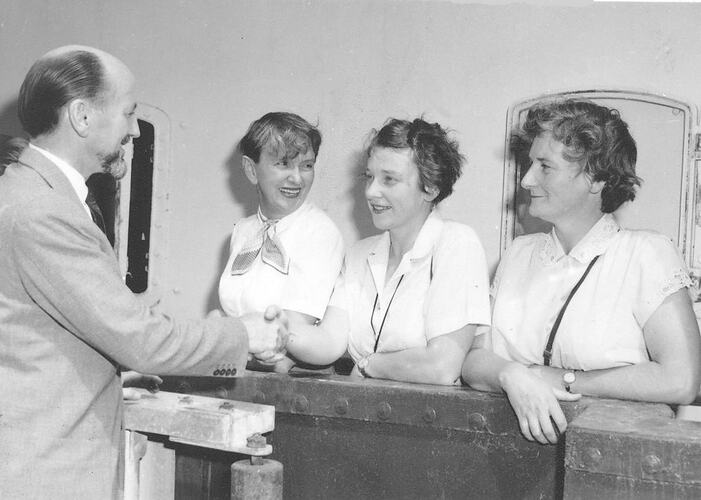 Photograph - Dr. Phillip Law farewell's first party of female scientists to study in the Antarctic, Dec 1959
