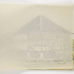 Open book page, with tracing paper above faint outlines of drawing of a house below.
