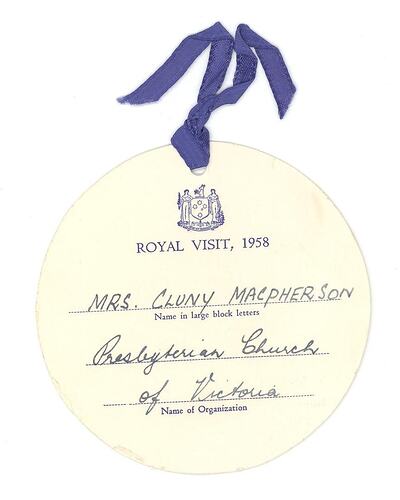 Entree Card - Identification Worn by Mrs Cluny Macpherson When Attending Morning Tea at St Kilda Town Hall as Part of Queen Mother's Royal Visit, Victoria, Mar 1958