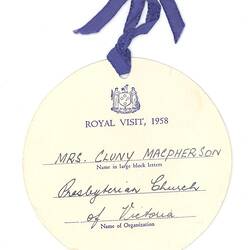 Entree Card - Mrs Cluny Macpherson, Presbyterian Church of Victoria, Royal Visit, Mar 1958