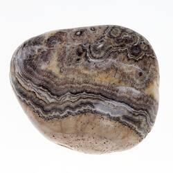 Brown agate pebble with black and white bands.