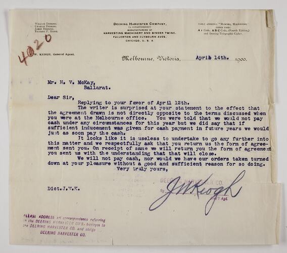 Letter - Deering Harvester Co., to Mr H. V. McKay, Agency for Combine Harvester, 14 Apr 1900