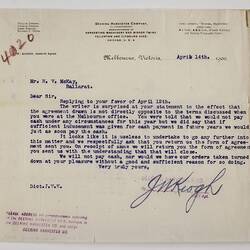 Letter - Deering Harvester Co., to Mr H.V. McKay, Agency for Combine Harvester, 14 Apr 1900