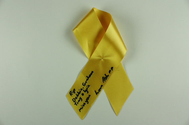 Ribbon - 'RIP Debbie, Graham, Trey & Lyric', The Tree of Remembrance, 2nd Anniversary Service, 2009 Victorian Bushfires, 6 Feb 2011