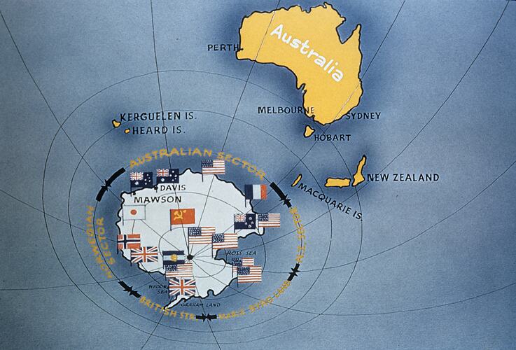 Map of Nations Claiming Antarctic Territory, Antarctica, circa 1959