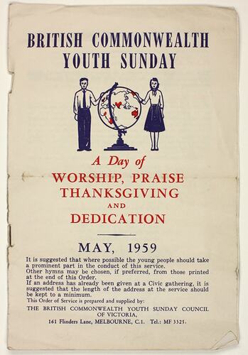Programs - Order of Service, 'British Commonwealth Youth Sunday', Melbourne, May 1959