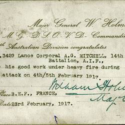 Card - Congratulations, Major General W. Holmes to Lance Corporal A.G. Mitchell, World War I, 23 Feb 1917