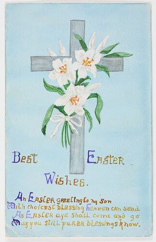 Light blue card with drawing of cross and flowers, with text below.