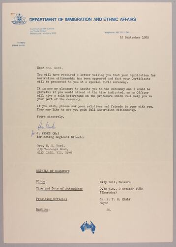 Letter - To Mrs Ward from Department of Immigration and Ethnic Affairs, Melbourne, 12 Sep 1980