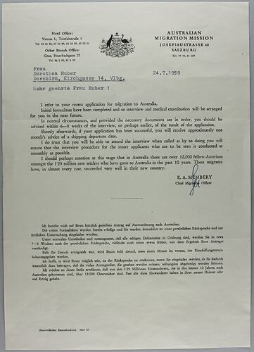 Letter - Australian Migration Mission to Dorothea Huber, Salzburg, 24 Jul 1959