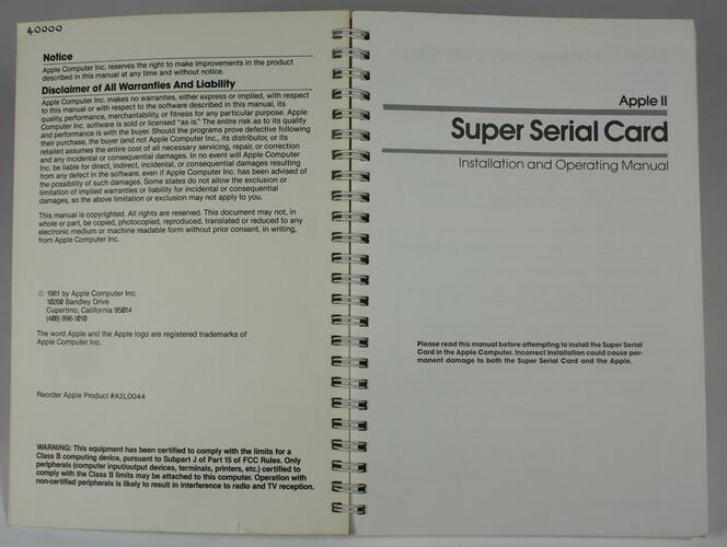 Installation & Operating Manual - Apple II Super Serial Card, Androbot, Robot, Topo, circa 1984