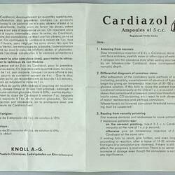 Leaflet - Drug, Cardiazol (Pentylenetetrazol), Knoll A.G. Chemical Works, circa 1950