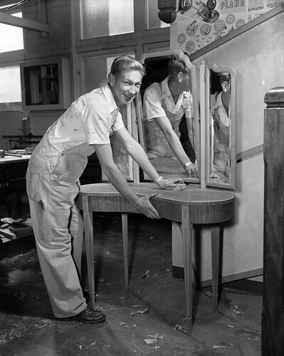 Swinburne Technical School, Man Sanding a Dressing Table, Victoria, 26 Mar 1959
