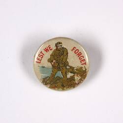 Badge with white background, with soldier in foreground and water behind, with red writing.