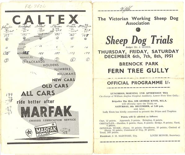Program - Victorian Working Sheep Dog Association, 'Sheep Dog Trials', Ferntree Gully, Victoria, 1951